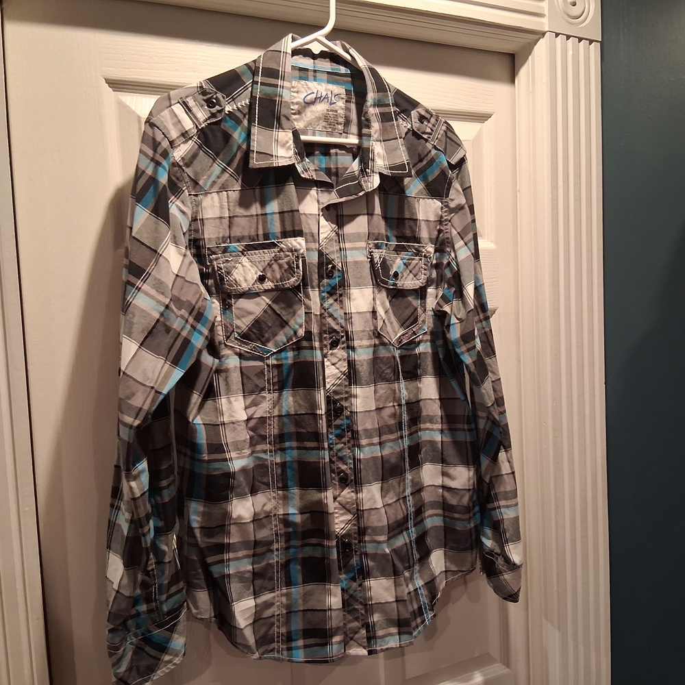 Casual Blue and Black Plaid Button Down Shirt